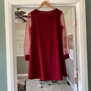 Red mesh long-sleeve dress with pearl accents